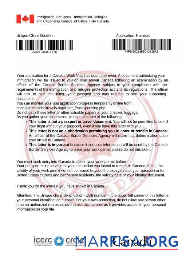 Realistic Canada visa approval letter template in Word and Pdf formats